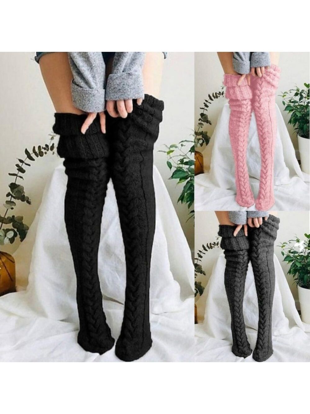 Cable Knit Thigh High Sweater Socks Pink Black Charcoal Gray Long Length NEW